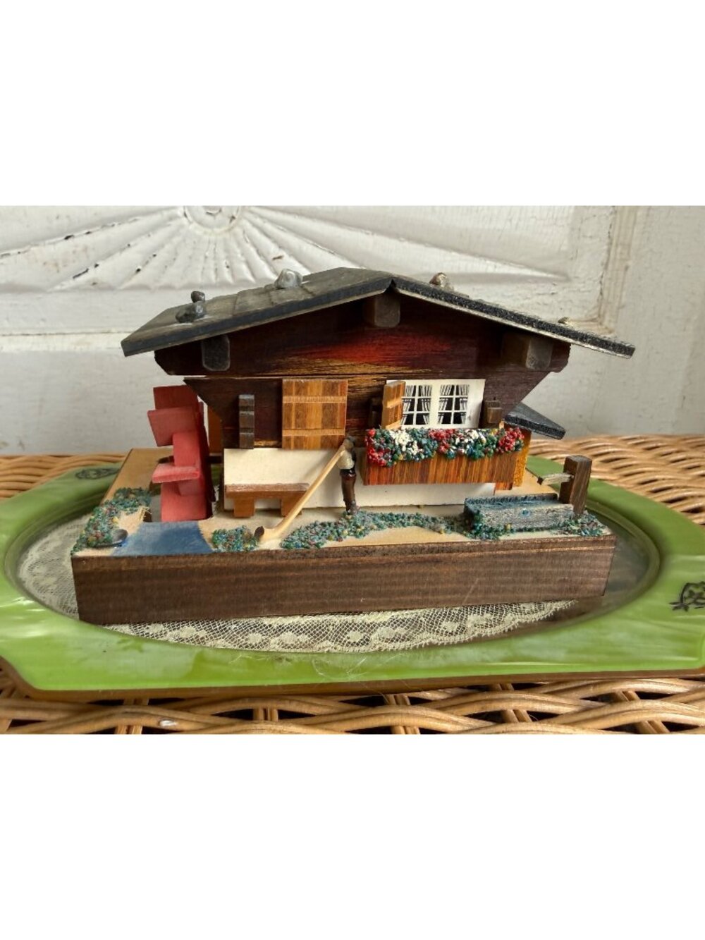 Vintage 60s Swiss Chalet Reuge Music Box Turning Water Wheel The Blue Danube